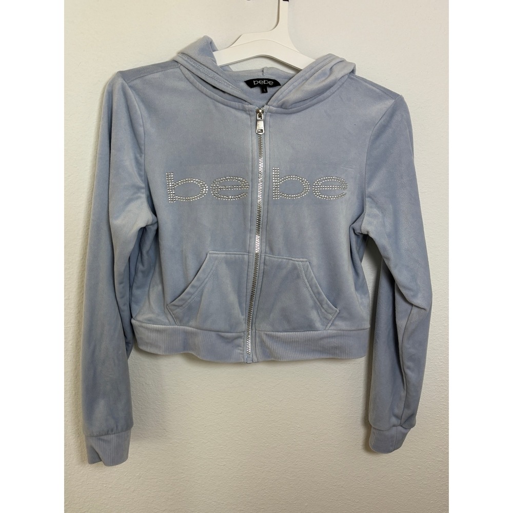 Bebe Velour Cropped Hoodie Light Blue Rhinestone Logo Full Zip Y2K Large